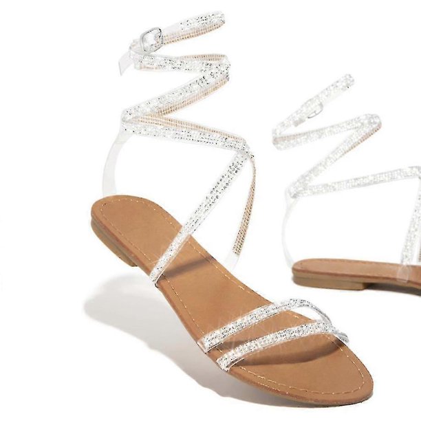 Sandalias de gladiador con cordones y diamantes de imitación para mujer, zapatos planos de playa de verano con tiras en el tobillo y purpurina romana.