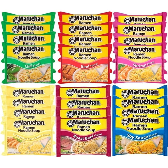 Maruchan Ramen Instant Noodle Soup Variety Mix 24 Packs, 6 Flavors - 4 Roast Beef, 4 Oriental, 4 Shrimp, 4 Beef, 4 Creamy Chicken, 4 Chili Lunch / Dinner Variety