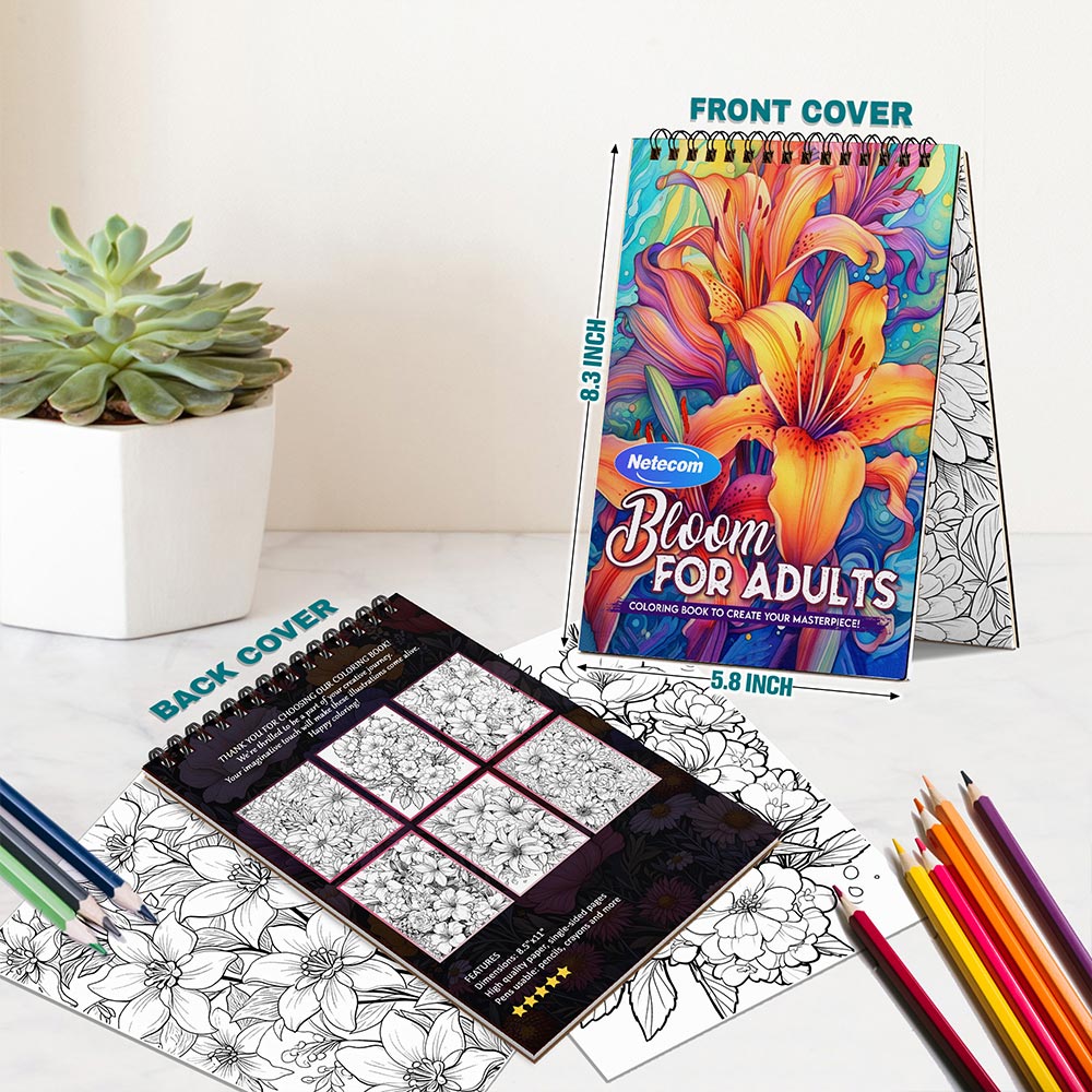 Netecom Bloom Coloring Book Spiral Bound For Adults, A5 Wooden Cover, 30 Beautiful Coloring Pages of Flourishing Flowers for Stress Relief and Relaxation