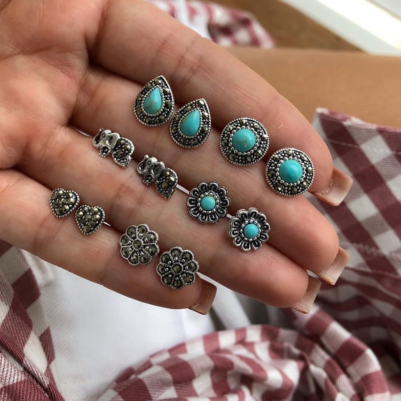 SmartBy 6Pairs/Set Boho Elephant Love Heart Turquoise Stud Earrings Women Jewelry Gift