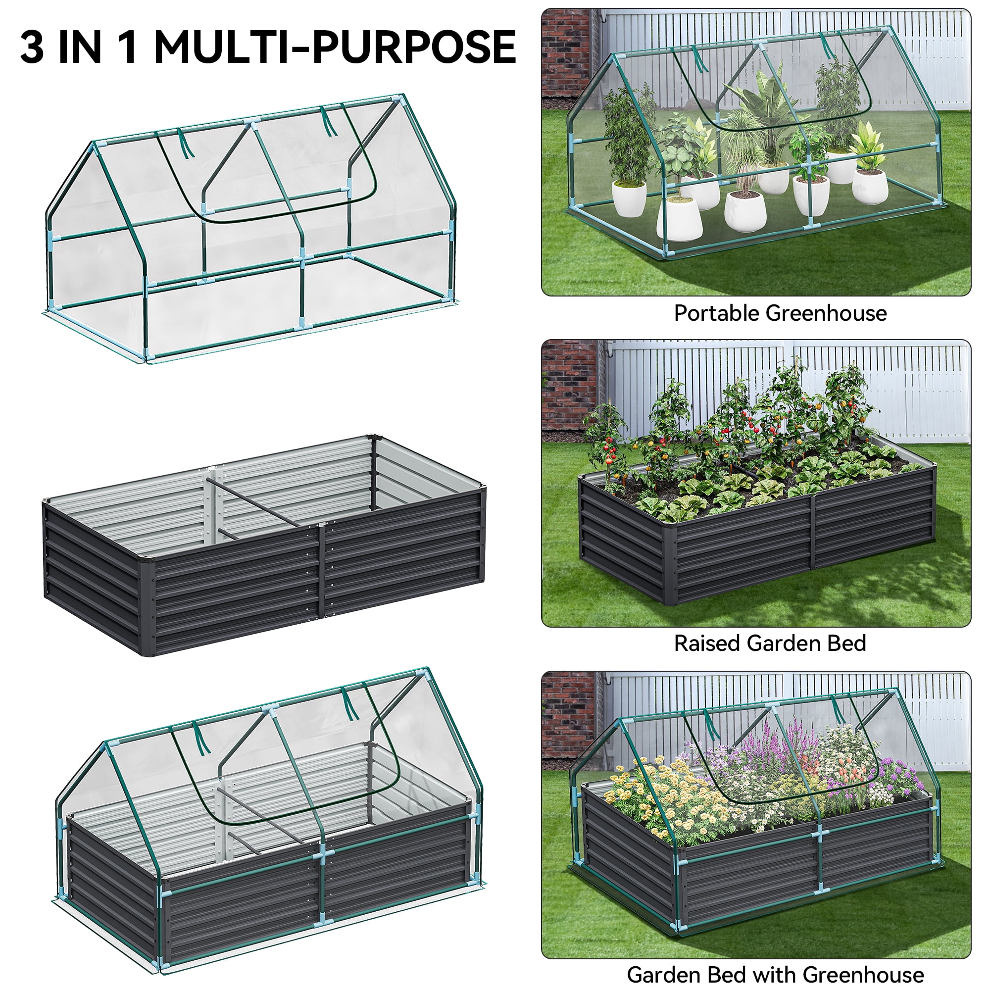 Dextrus 7.5x4x4FT Raised Garden Bed with Cover Extra Large Metal Planter Box Outdoor Flower Bed with Mini Greenhouse 2 Zipper Screen Windows for Outdoor Growing Vegetable,Ttransparent
