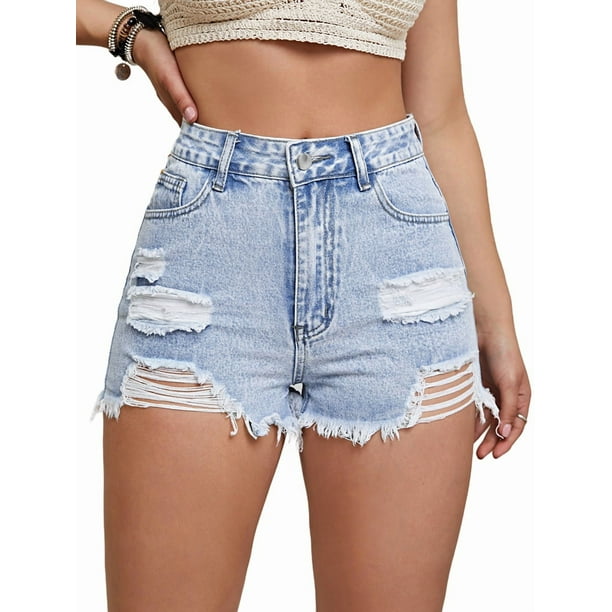 Pantalones Cortos Vaqueros de Talla Grande para Mujer, de Cintura Alta, Rotos y con Dobladillo Doblado. Azul M
