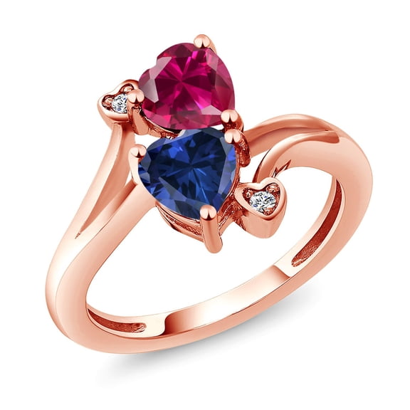 Gem Stone King 18K Rose Gold Plated Silver Red Created Ruby Blue Created Sapphire and White Lab Grown Diamond Ring for Women (1.79 Cttw, Heart Shape 6MM, Gemstone July Birthstone, Size 5)