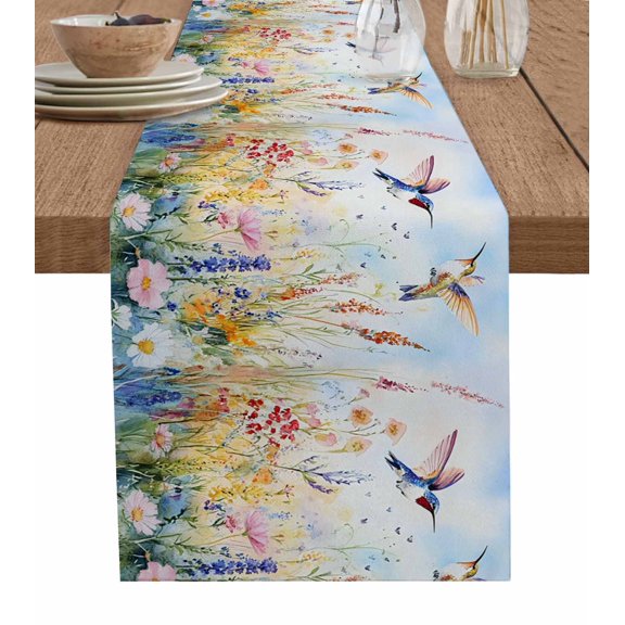 Spring Hummingbird Floral Table Runner 72 Inches, Farmhouse Flower Botanical Bed Runner Dresser Scarves Tabletop for Indoor Outdoor Parties/Ceremony/Banquet, 16" x 72"