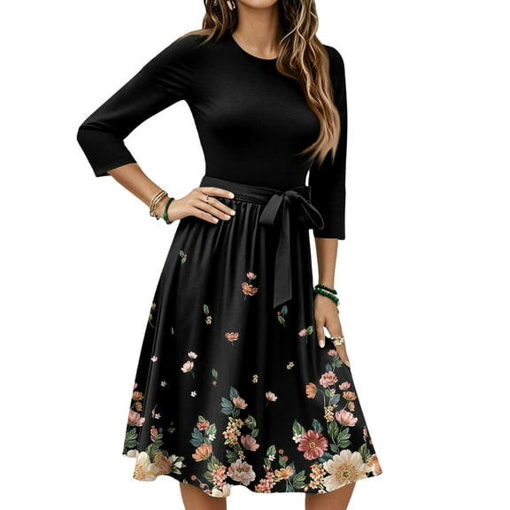 WTOBBY Women's Elegant Floral Print Waistband Round Neck 3/4 Sleeve Dress, Flowy Casual Sundress with Feminine Silhouette for Outings,Black L