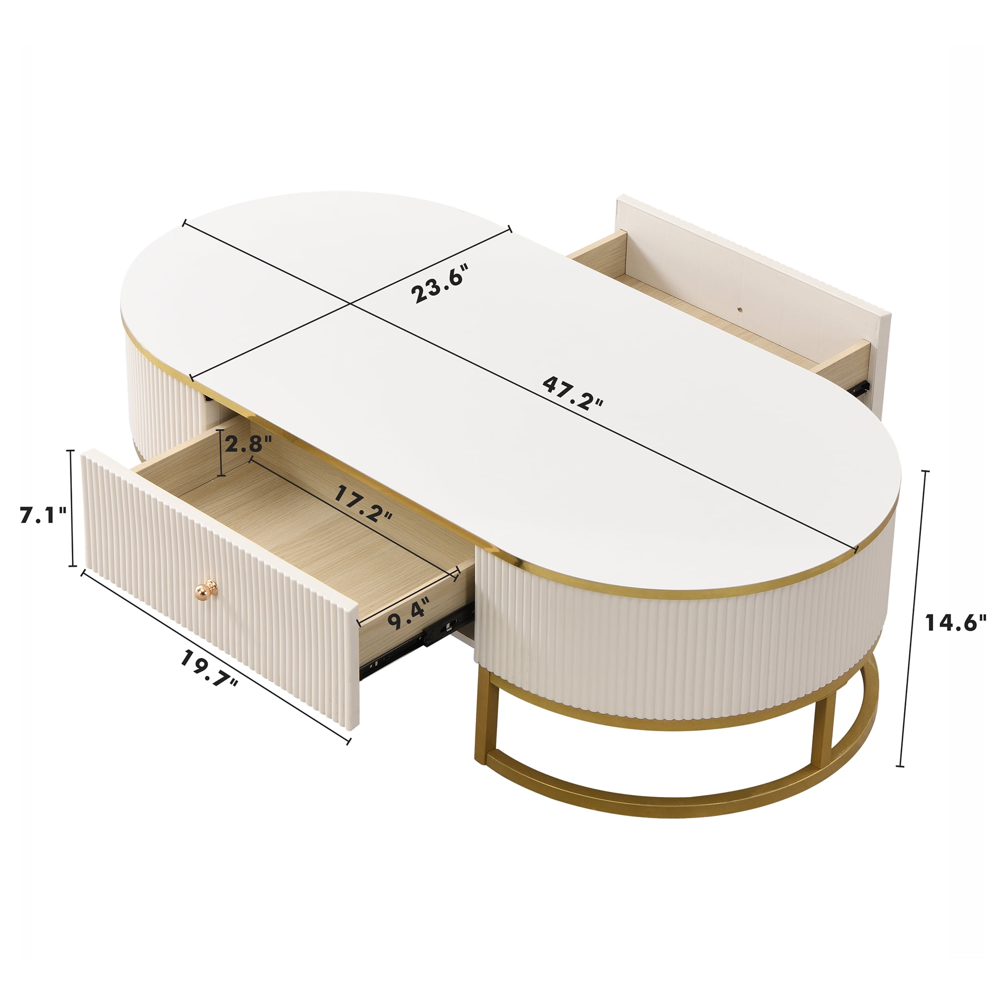 Euroco Modern Oval Coffee Table with Drawers,Curved Profile Design, Gold Metal Decor, Center Table for Living Room in 47.2"
