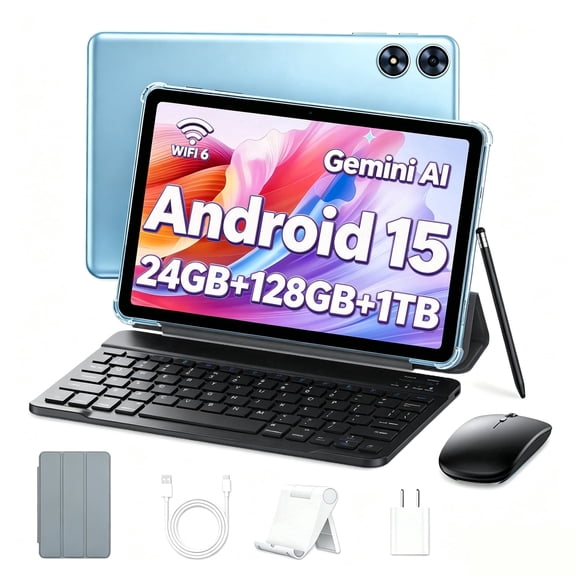 SHARECLOUD 10.1 inch Tablet with Keyboard, 24GB RAM+128GB ROM/1TB Expand, 6600mAh, WiFi 6, Blue