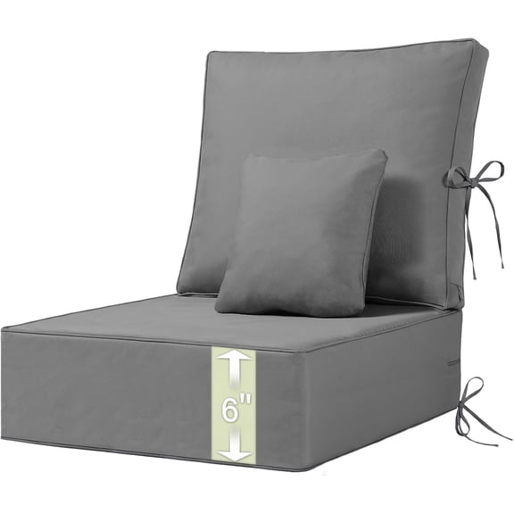 Extra Thick 6 Inch Outdoor Chair Cushions, 24x24 Deep Seat Cushions Set for Patio Furniture with Back Cushion & Pillow, Water Resistant Replacement Cushions for Outdoor Chairs, Gray