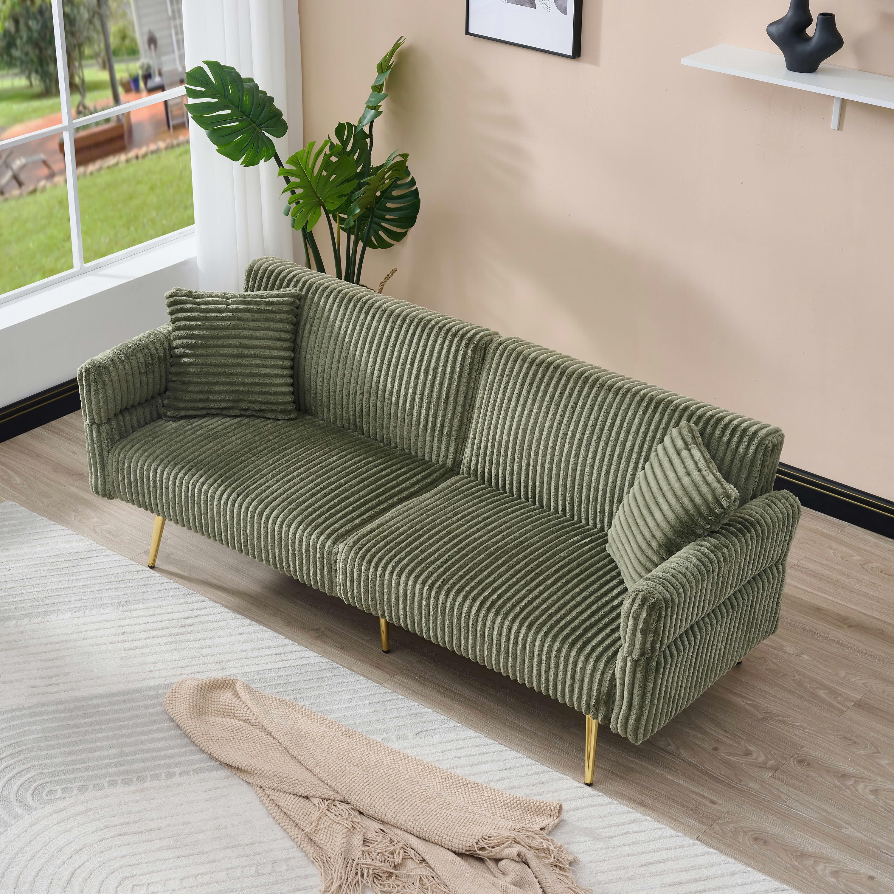MAYEERTY 79" Green Corduroy Convertible Sofa Bed, Foldable Armrest Wood Frame Couch for Small Living Room