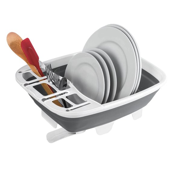 Starfrit Collapsible Dish Drainer with Swivel Spout, Compact Storage, Utensil Rack for Wine Glasses, Fits Large Pots & Pans, No Drain Tray Needed, Dishwasher Safe