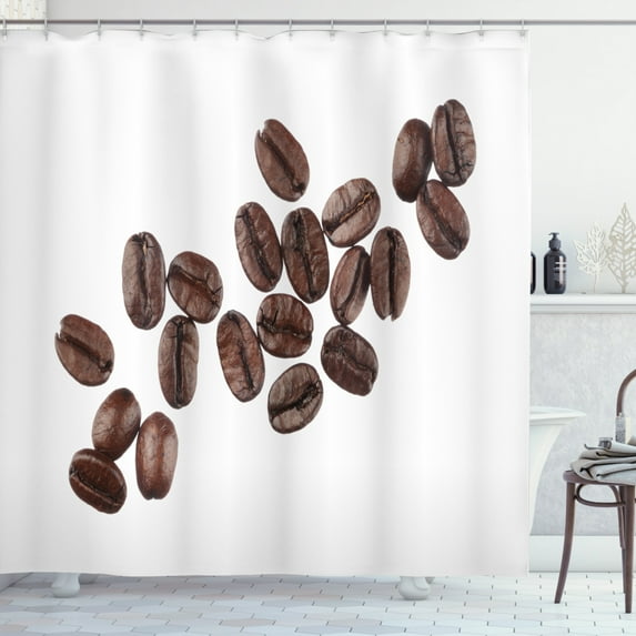 Coffee Shower Curtain, Real Life Photo of Several Beans Close Up Shot on a Plain Background, Fabric Bathroom Set with Hooks, 69W X 75L Inches Long, Brown White Pale Redwood, by Ambesonne