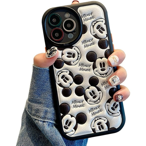 Compatible with iPhone 14 Pro Max Cute Case, TPU Leather Phone Emboss Cartoon case Soft Rubber Shockproof Protective Case for iPhone 14 Pro Max Case Cover for Women Girls (Black Mouse)