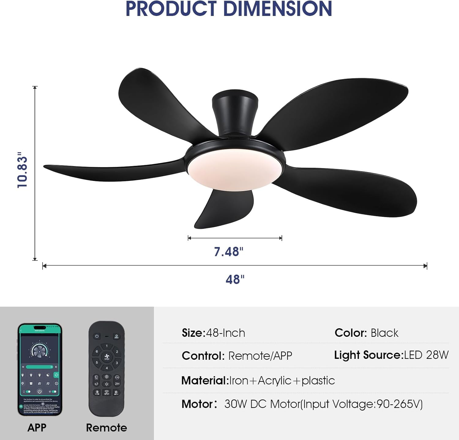 PHORUS 48" Black Low Profile Flush Mount Ceiling Fan with Dimmable 3-CCT LED Light, Remote and APP Control, Quiet Reversible DC Motor, 6-Speed Indoor and Covered Outdoor Ceiling Fan