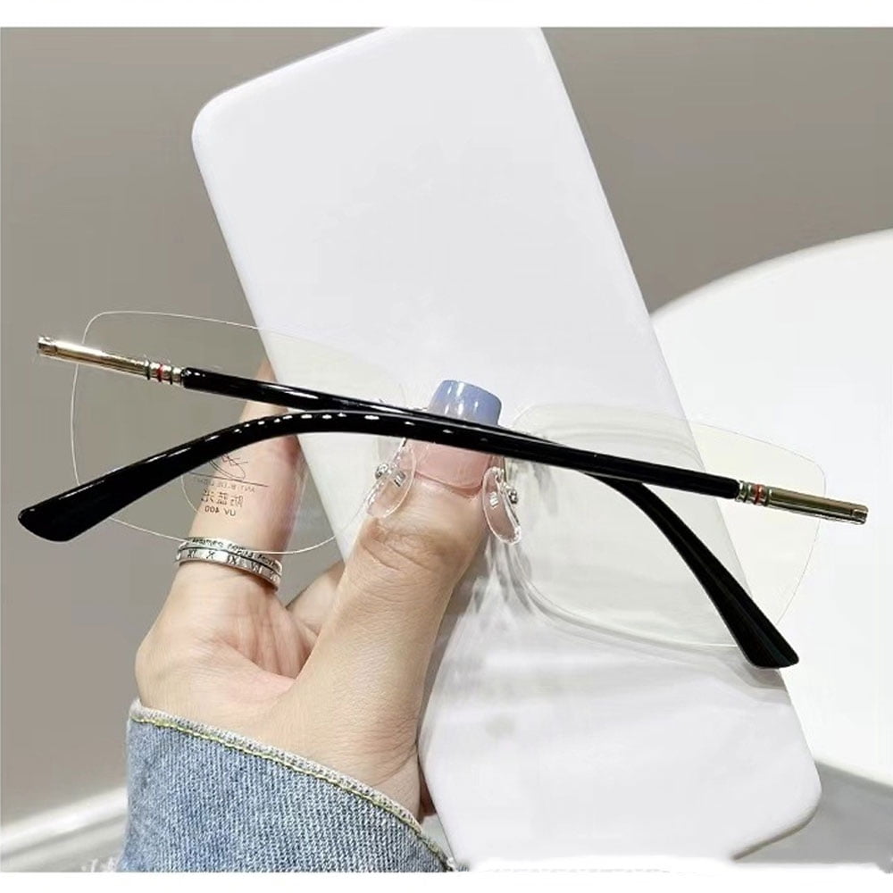 4 Pairs of Women Black Rimless Rectangular Reading Glasses, Men Frameless Metal Blue Light Blocking Readers