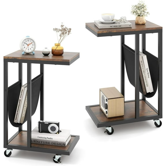 CRXX Mobile C Shaped Side Table, 2 Tier Sofa Couch Table with Canvas Storage Pouch, Industrial End Table with Metal Frame & 360° Rolling Casters for Living Room, Bedroom(set of 2)