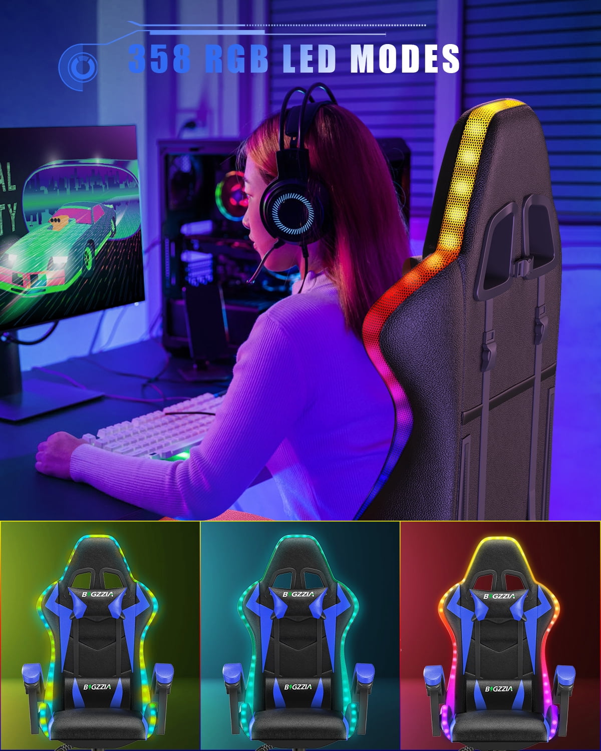 Bigzzia Gaming Chair with LED Lights, Computer Chair with Lumbar Support, Ergonomic High Back Video Game Chair with Swivel Seat and Headrest, Blue