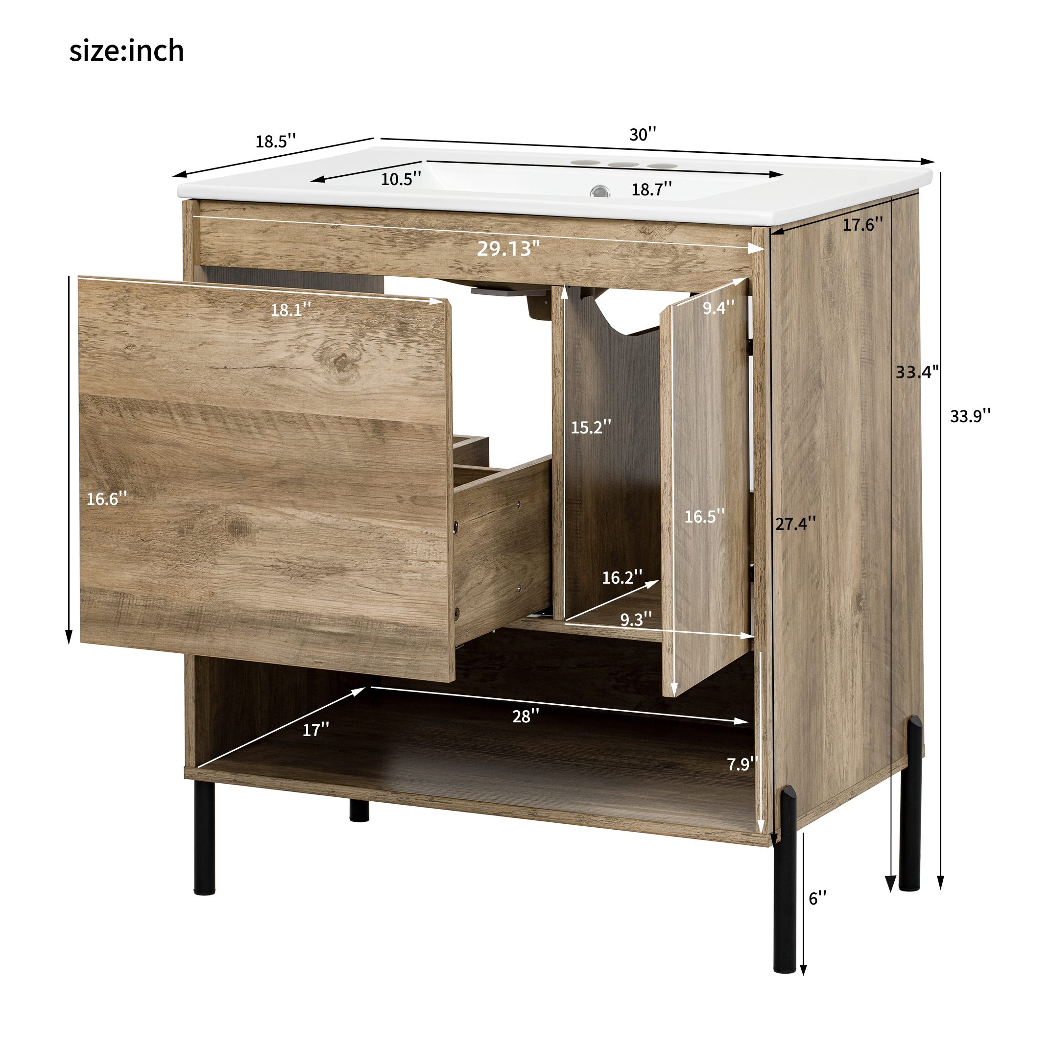 Euroco 36-Inch Modern Wood-Grain Bathroom Vanity with Soft-Close Doors, Divided Drawers,and Ceramic Sink