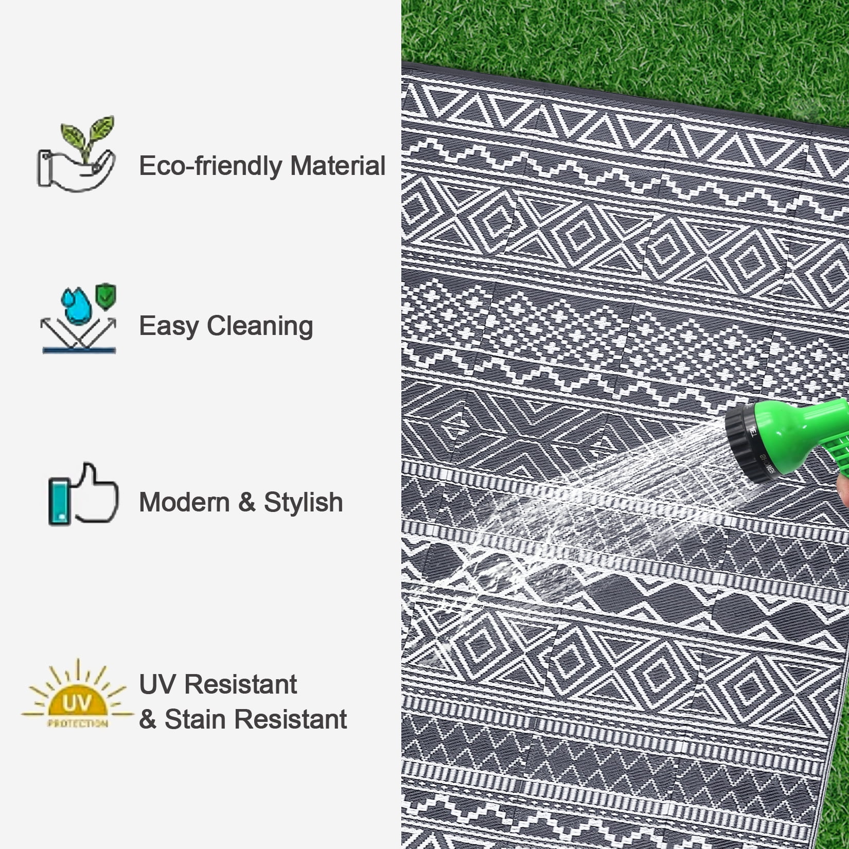 HOMERRY Geometric Outdoor Rug Straw Plastic Area Rug for Balcony Pool RV Waterproof Reversible Carpet, White/Gray, 9'x 12'