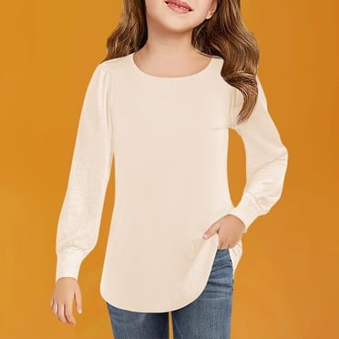 qolati Girls Puff Long Sleeve Shirts Kids Casual Crewneck Soft Tunic Tops Blouse Spring Clothes 4-13 Years Spring