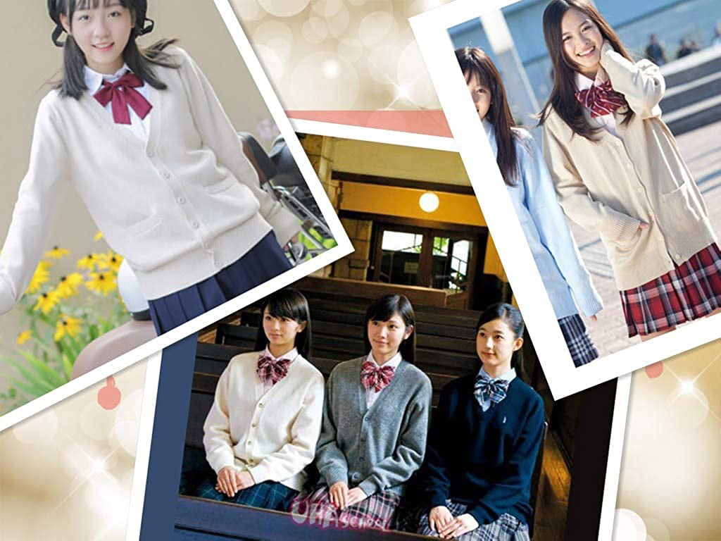 Long Sleeve deep V-Neck Knitted Button up Cardigan Sweater Anime Japanese School Girl Uniform with Socks Set Light Grey 2XL 