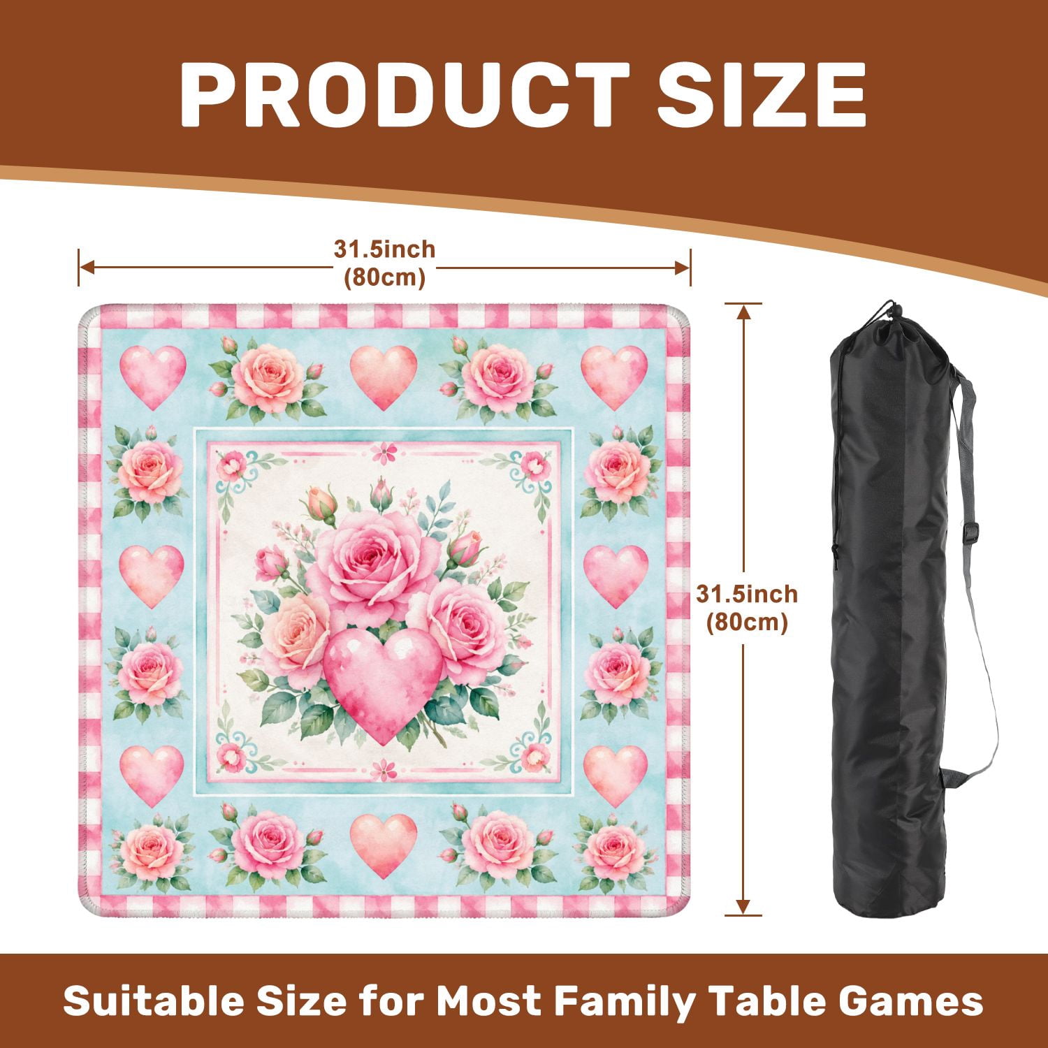 Mahjong Mat 31.5" x 31.5" Pink Roses Heart Blue Floral Border Non-Slip Noise Reduction Mahjong Tiles Table Cover for Dominoes Poker Card Board and Tile Games