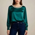 thumbnail image 2 of XAOFW Women's T-Shirts Long Sleeve Pearl Neckline Solid Color Elegant Satin T Shirt Leisure Wear Relaxed Fit Tee Shirts Party Night Soft Breathable Top, 2 of 4
