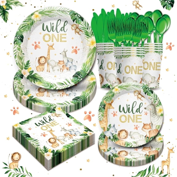 168pcs Wild One Birthday Party Supplies Tableware Set - Safari Birthday Decorations Include Plates, Napkins, Cups, Cutlery, for Animal Jungle Theme Wild One Party Supplies | Serves 24