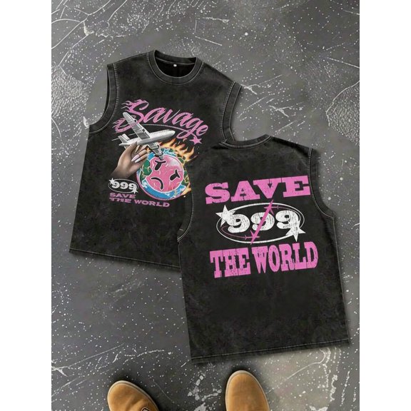 Mens Multicolor Printed Crew Neck Sleeveless Tank Top Streetwear Casual Graphic Tee
