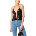 thumbnail image 2 of Women Shiny Sequin Tank Tops Halter Sparkling Bandage Backless Camisole Crop Tops Clubwear, 2 of 6