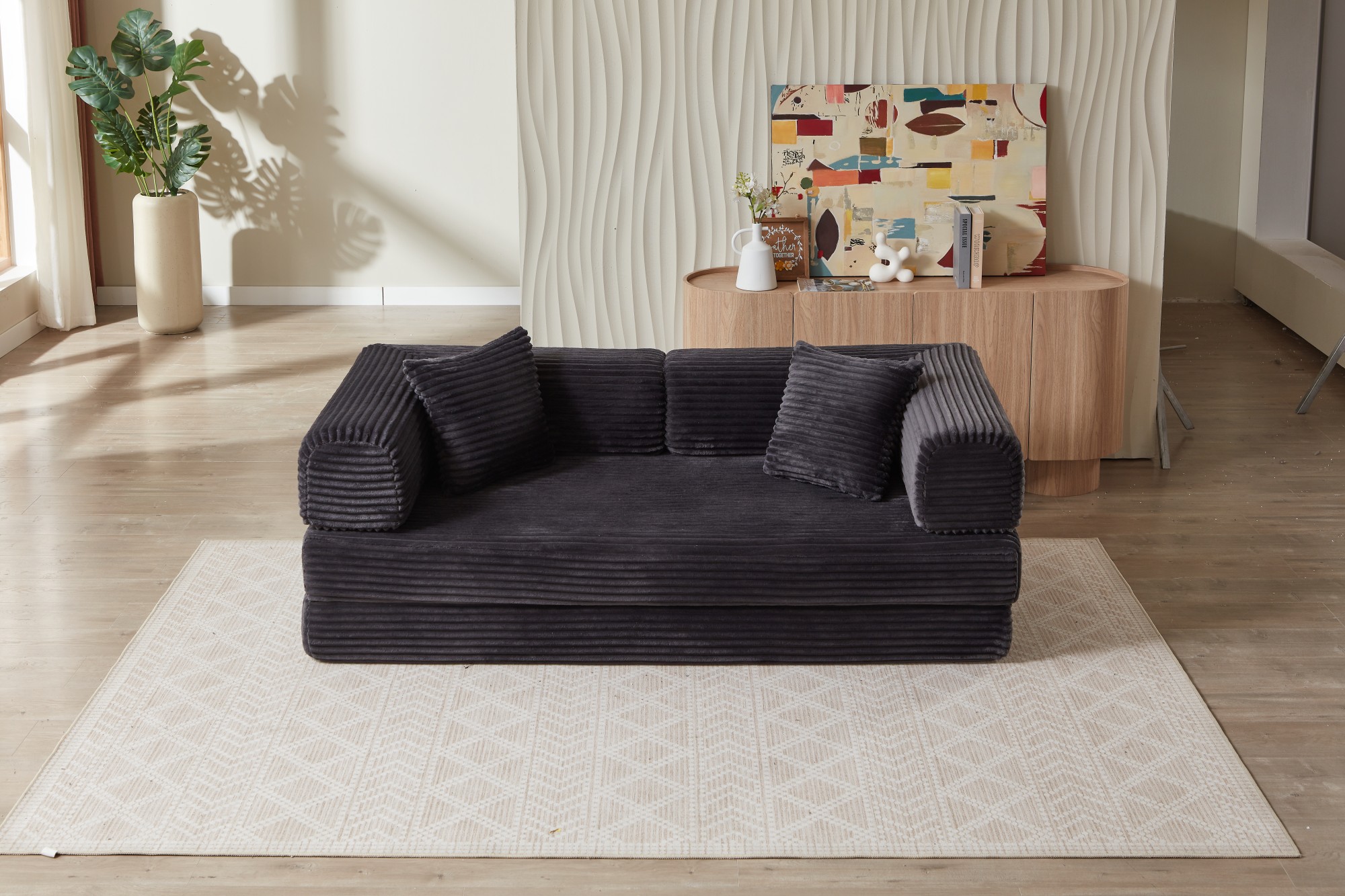 Gewnee Dark Gray 2-in-1 Convertible Corduroy Sofa Bed with High-Density Sponge No Assembly for Apartment Dorm Office