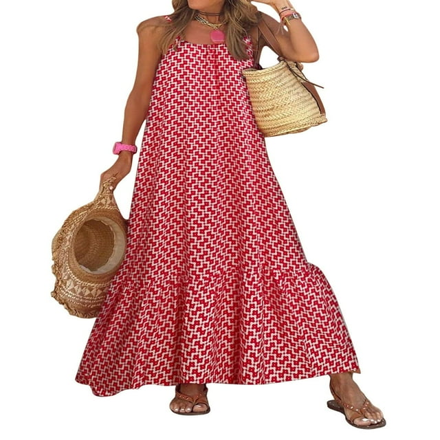 Femmes Boho Floral Robe Sans Manches Spaghetti Sangle en Vrac Vacances Plage Longue Robe