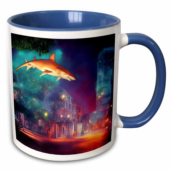 3drose, Sharks Fly Around Town Fantasy Ai Generated Art, 11oz Two-tone Blue Mug