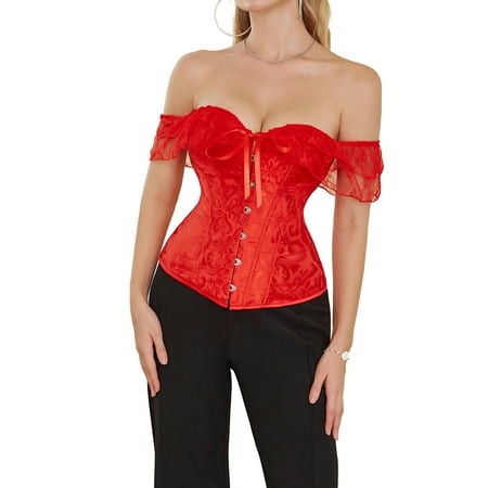 Cathery Women Corset Tops with Lace Sleeve Bustier Shapewear Lingerie Tops Waist Push Up Bodysuit Boned Overbust Top