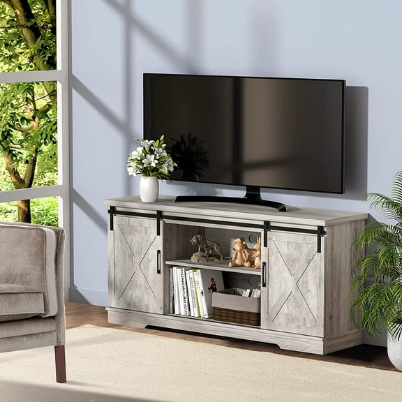 TV Stand for 65 Inch Tv, 58 Inch Entertainment Center Wood TV Cabinet, Living Room Storage Table Sliding Barn Door TV Stand with Movable Shelf