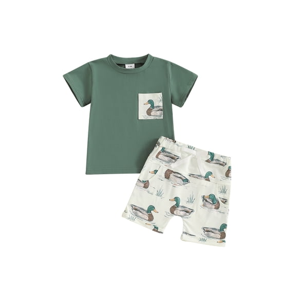 BemeyourBBs Toddler Baby Boy Girl Duck Outfit Short Sleeve Mallard Duck Goose T-shirt With Shorts Set Pockets Cute Infant Summer Clothes