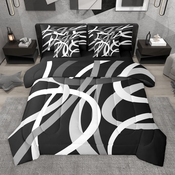 Manfei Retro Stripes 7-Piece Twin Bedding Sets for Teens Boys Girls,Black White Grey Bedding Comforter Set,Geometric Lines Breathable Sheet Sets,Lightweight Room Decor,Reversible