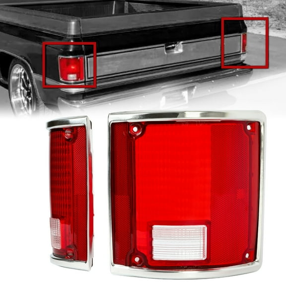 Rear Tail Lights Lens Lamp For 1973-1991 Chevy Blazer C10 C20  K10 GMC Sierra Pair  w/ Chrome Trim GM2800122 GM2801122 - replaces 5968329 5968330