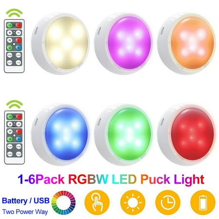 

Rosnek RGBW Wireless LED Puck Lights LED Cabinet Lighting Closet Lights Remote Controls Dimmer & Timing Night Lights USB or Battery Powered