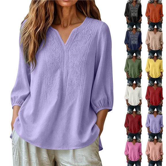 Smsaxvxz Womens Embroidered Cotton Linen Shirts Summer Fashion V Neck 3/4 Sleeve Casual Solid Loose High and Low Hem Blouse Tops Purple M