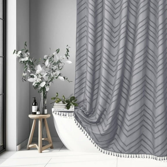 Zrodlmo Boho Chevron Textured Fabric Shower Curtain with Hooks, Mildew-Resistant Farmhouse Tassel Bathroom Curtain,72" x 72", Gray