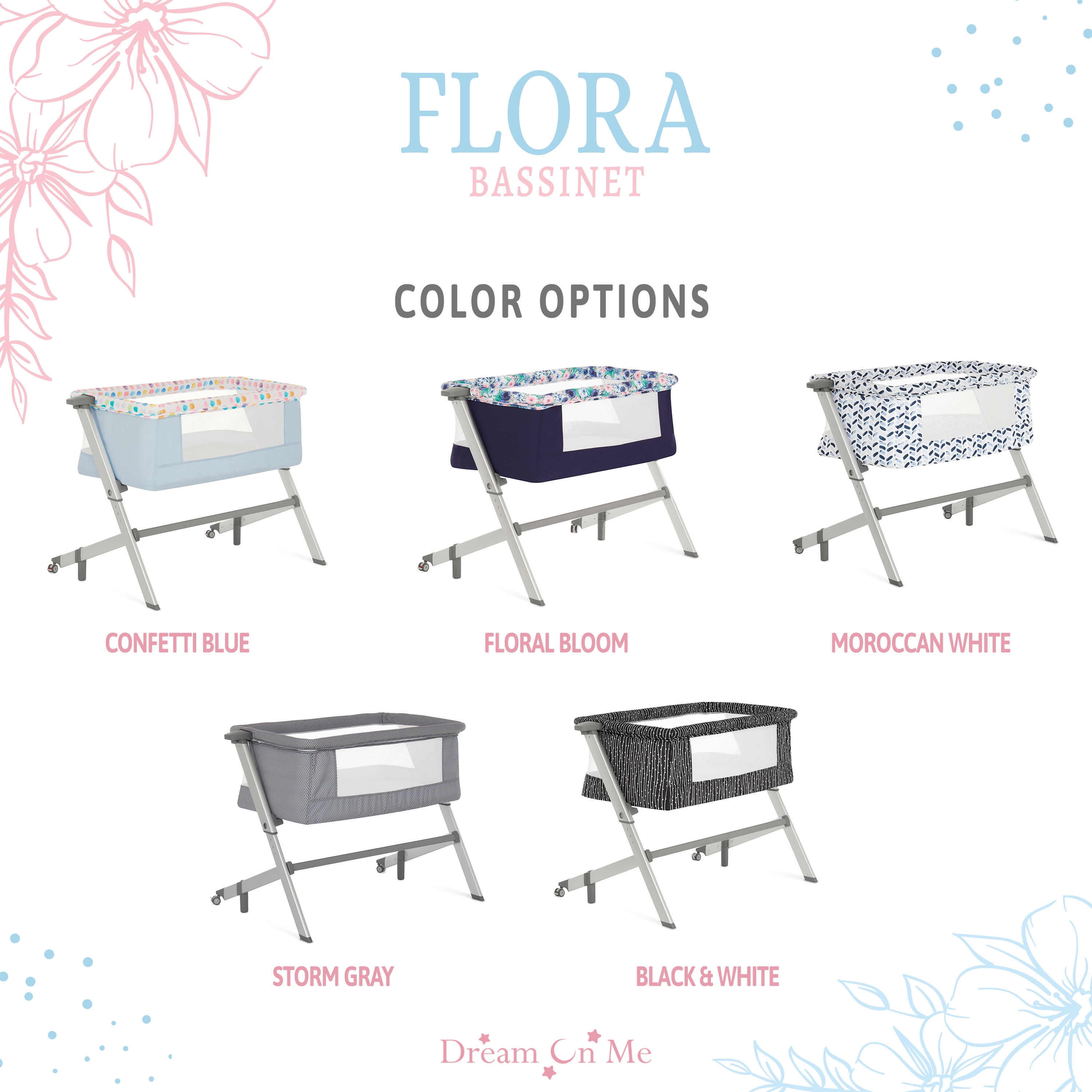 Dream On Me Flora Bassinet with Carry Bag , Compact & Modern, Confetti Blue