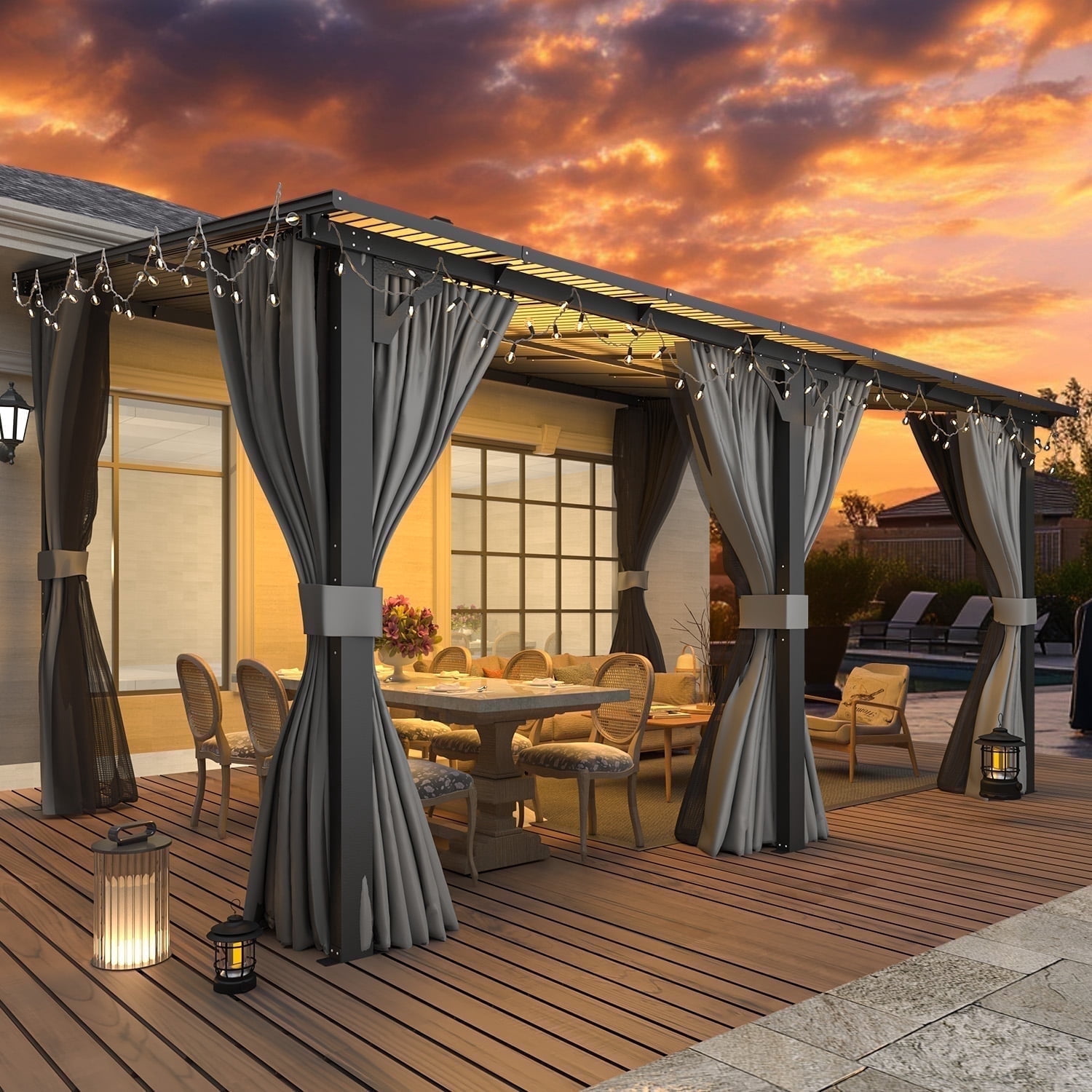 AECOJOY 14' x 10' Lean to Gazebo with Netting and Curtain Outdoor Hardtop Gazebo Aluminum Metal Pergola ​For Garden, Patio, Backyard-​Dark ​Gray