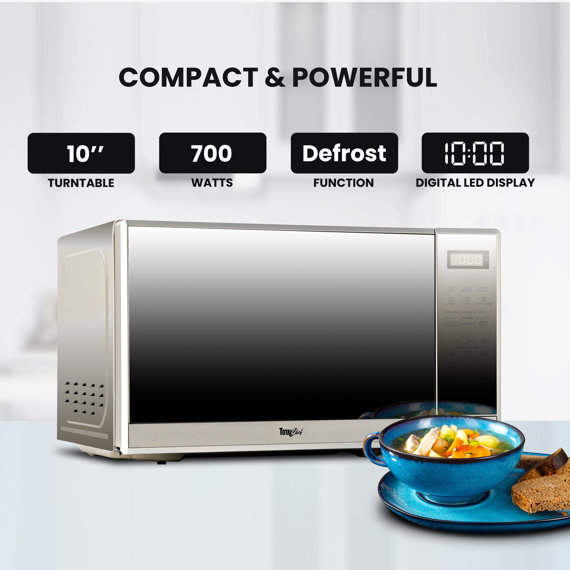 Total Chef Microwave Oven, 700 Watts, 0.7 Cubic Foot / 20 L, Digital  Touchscreen Controls, 6 Pre-set Cooking Modes for Potato, Popcorn, Pizza,  Beverages, Frozen Dinners, Reheat, Defrost 