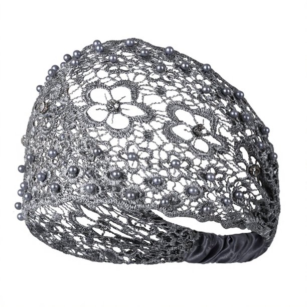 Diadema para mujer con diseño calado, bordado de encaje, flores, elástica, con perlas de imitación y brillantes incrustados. Accesorios para el cabello.