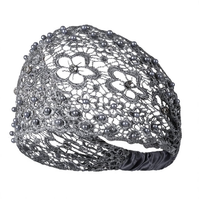 Diadema para mujer con diseño calado, bordado de encaje, flores, elástica, con perlas de imitación y brillantes incrustados. Accesorios para el cabello.