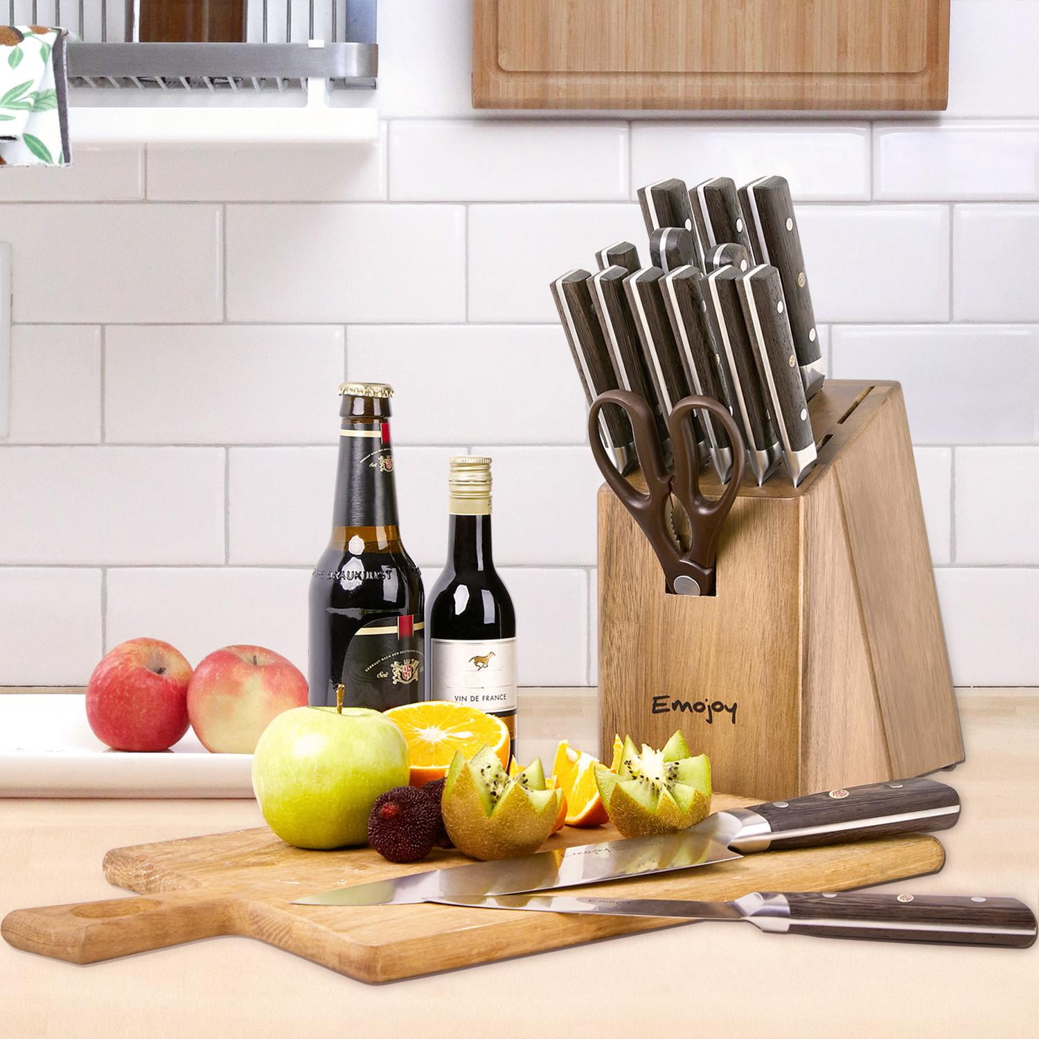Knife Set, Emojoy 16-Piece Kitchen Knife Set with Block Wooden Carving  Fork, Ripple German Stainless Steel Knife Block Set, Hollow Handle for Chef