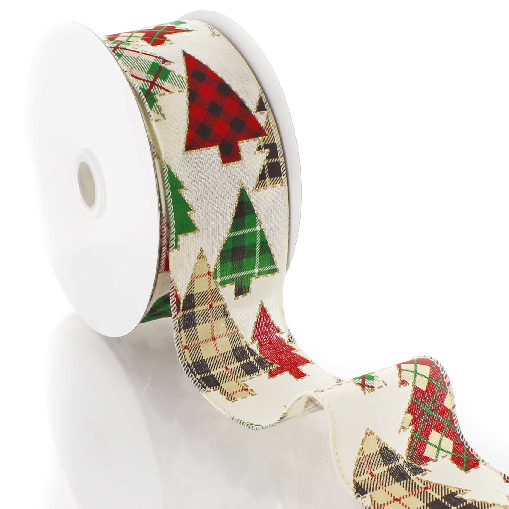 Ribbon Traditions Buffalo Plaid Christmas Trees Wired Ribbon 2 1/2" By 10 Yards