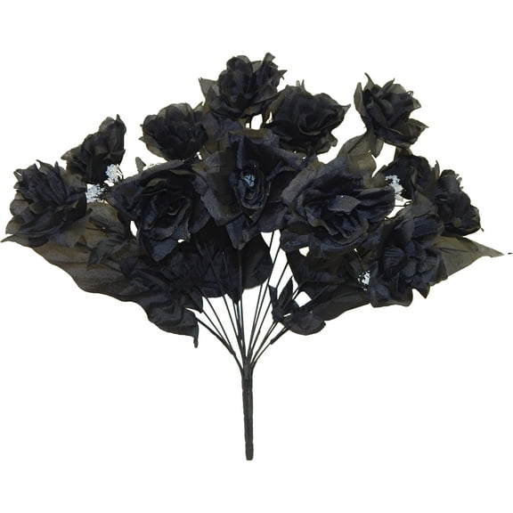 Black Rose with Gypsophila 21in Artificial Polysilk Faux Fake Open Bloom Flower Bush for Craft Home Garden Outdoor Bouquet Arrangement Ceremony Wedding Arch Floral Wall Aisle Decor (Black, Set of 3)