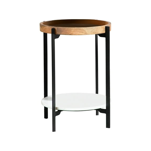 24 Inch Modern End Accent Table Round Marble Shelf Wood White Brown