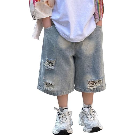 OSOLU Boys Capri Jeans Pants Distressed Ripped Baggy Streetwear Denim Cropped Pants For Kids 2-14Y Comfy Trousers